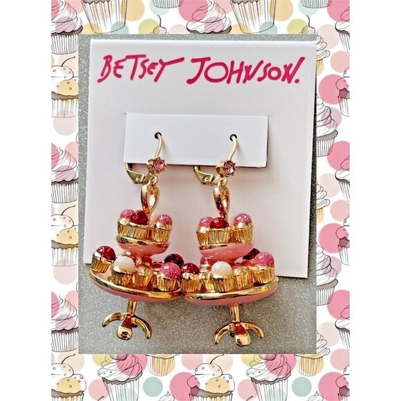 Betsey Johnson Statement Gold-Tone Pink Multi Enamel Cupcake Tower Drop Earrings - Picture 1 of 3